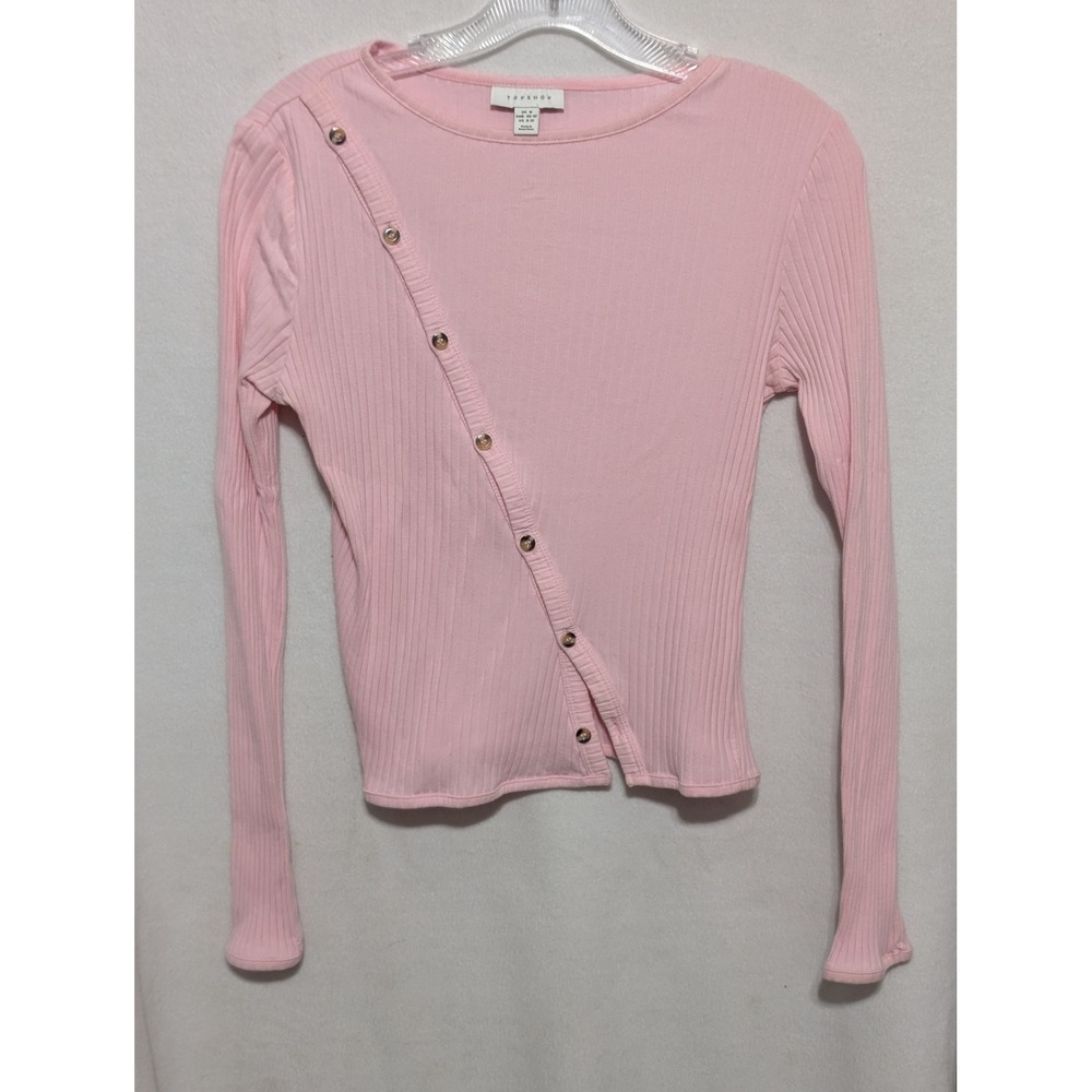 Topshop Pink Ribbed Long Sleeve Asymmetrical Button Front Top Size M US 8-10